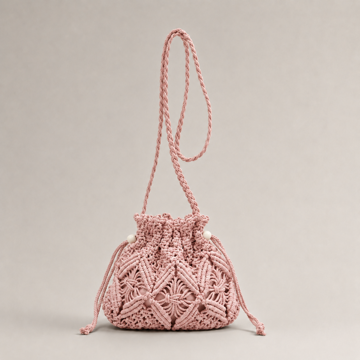 Macrame Drawstring Bucket Bag side view
