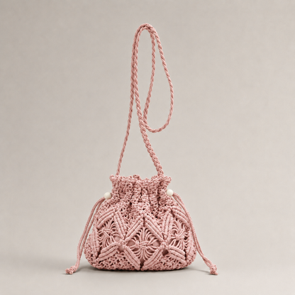Macrame Drawstring Bucket Bag side view