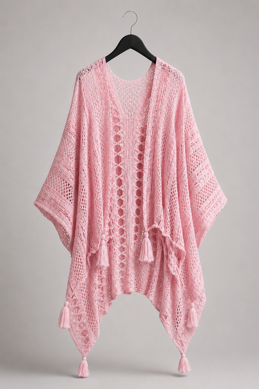 Roséfarbenes Häkel-Cape mit Quasten
