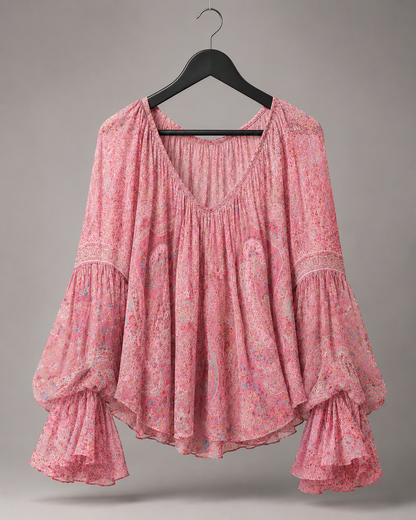 Roséfarbene Bluse mit Trompetenärmeln